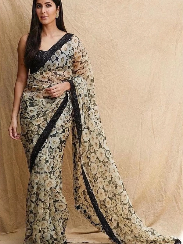 White flower printed pure orgenza designer saree with sequence work blouse