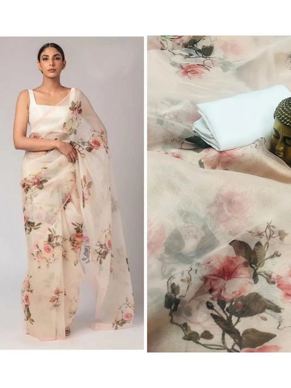cream digital flower printed orgenza saree