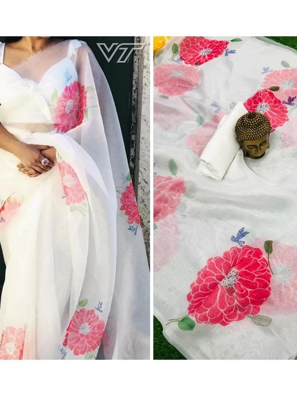 white digital flower printed orgenza saree