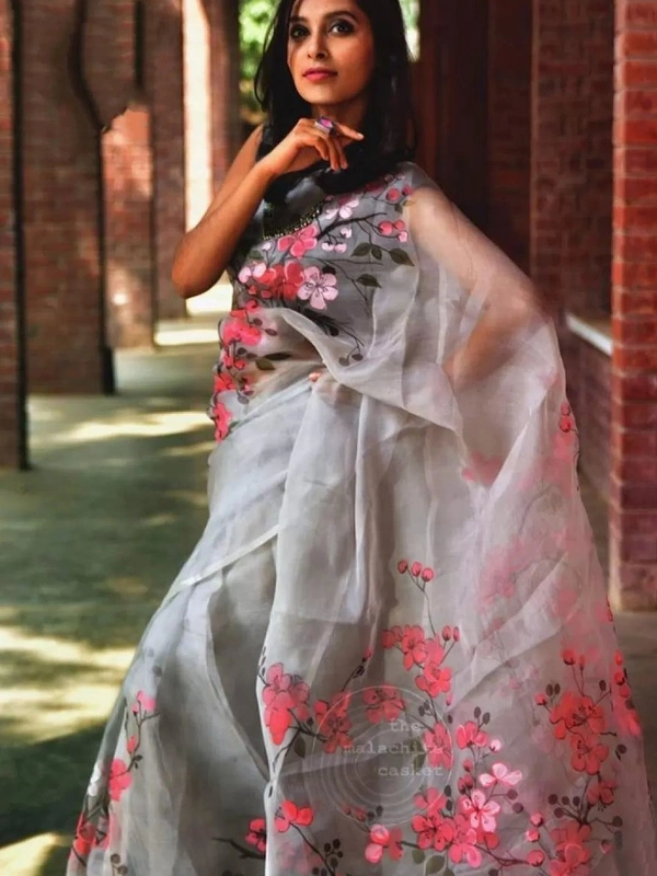 grey pure orgenza net floral digital printed saree