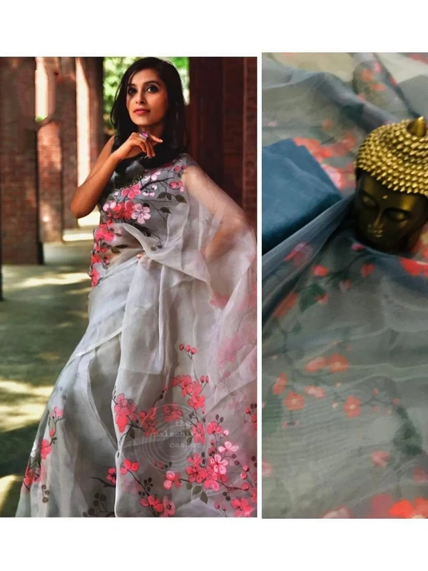 grey pure orgenza net floral digital printed saree