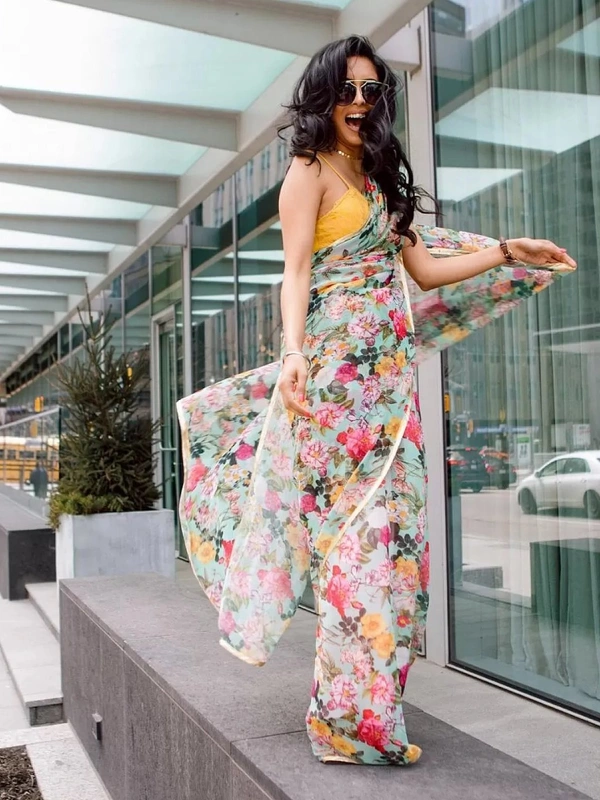 sky orgenza floral digital printed stylist casual wear saree