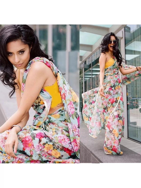 sky orgenza floral digital printed stylist casual wear saree