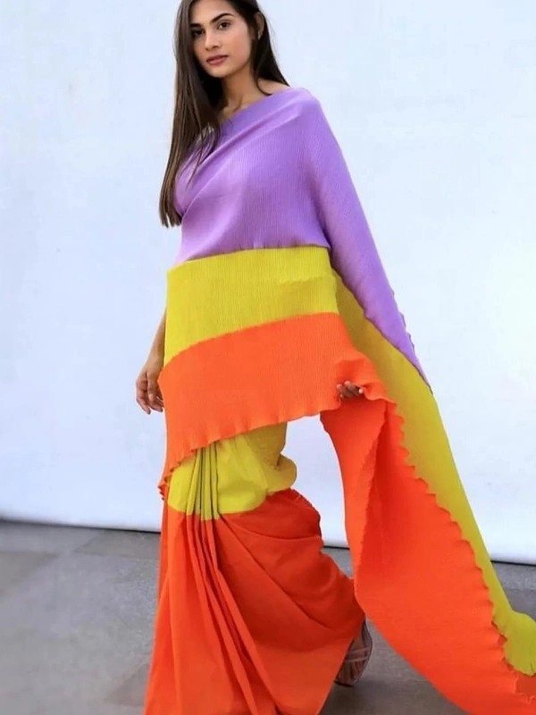 Multicolour chinon pleating and printing work party wear saree