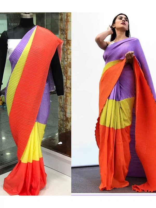 Multicolour chinon pleating and printing work party wear saree