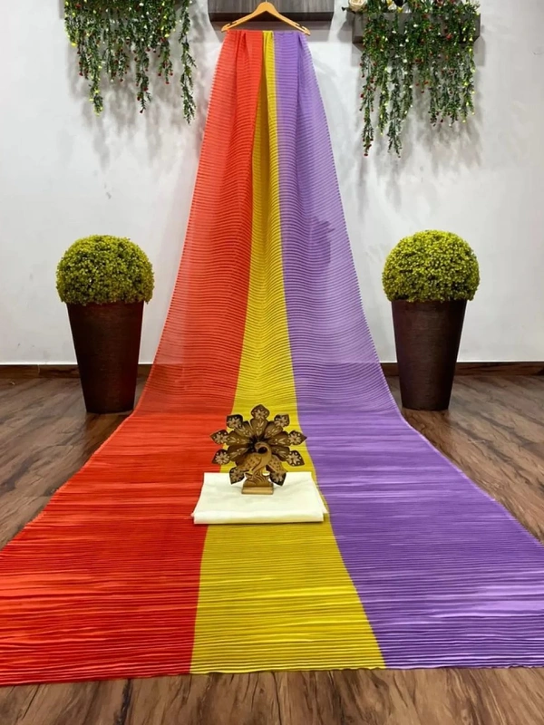 Multicolour chinon pleating and printing work party wear saree