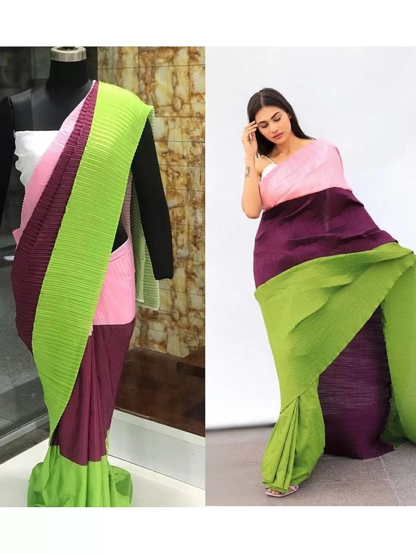 Multicolour chinon pleating and printing work party wear saree
