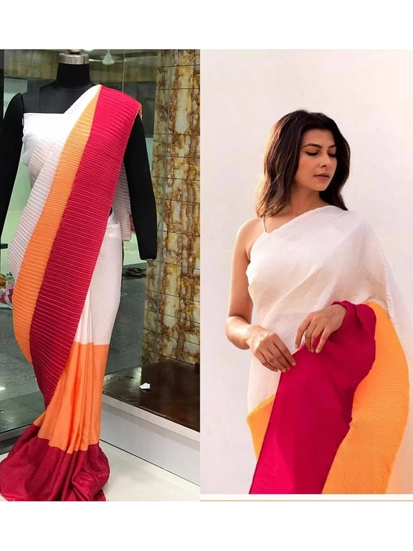 Multicolour chinon pleating and printing work party wear saree