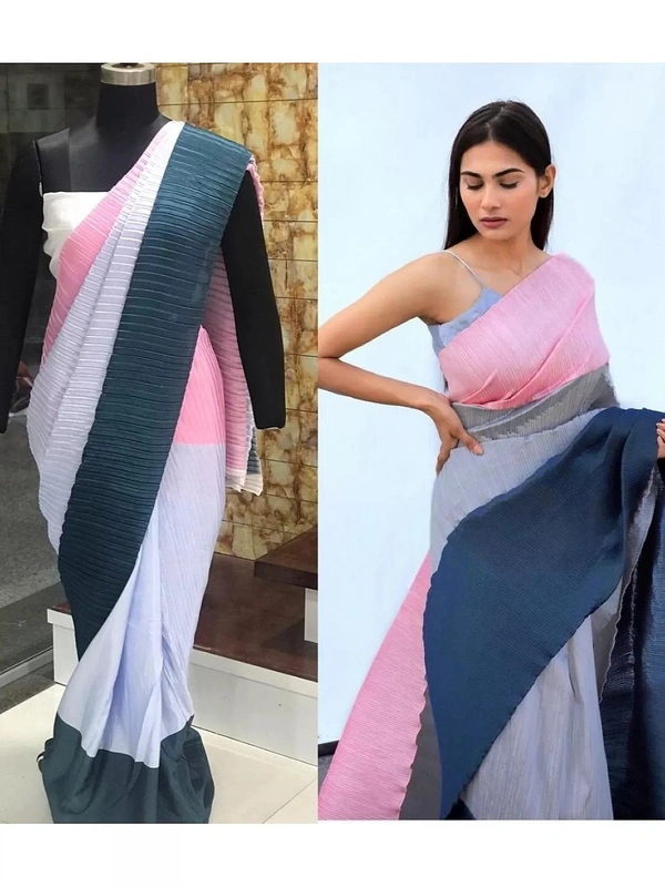 Multicolour chinon pleating and printing work party wear saree