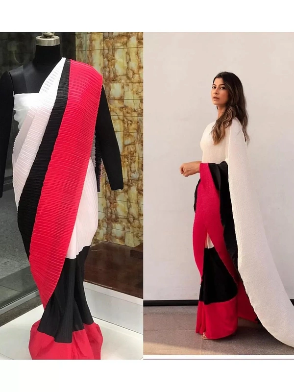 Multicolour chinon pleating and printing work party wear saree