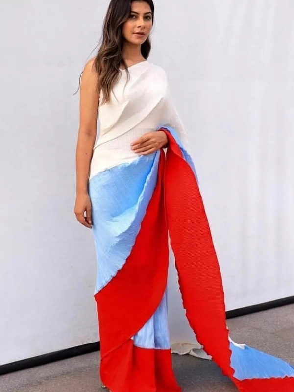 Multicolour chinon pleating and printing work party wear saree