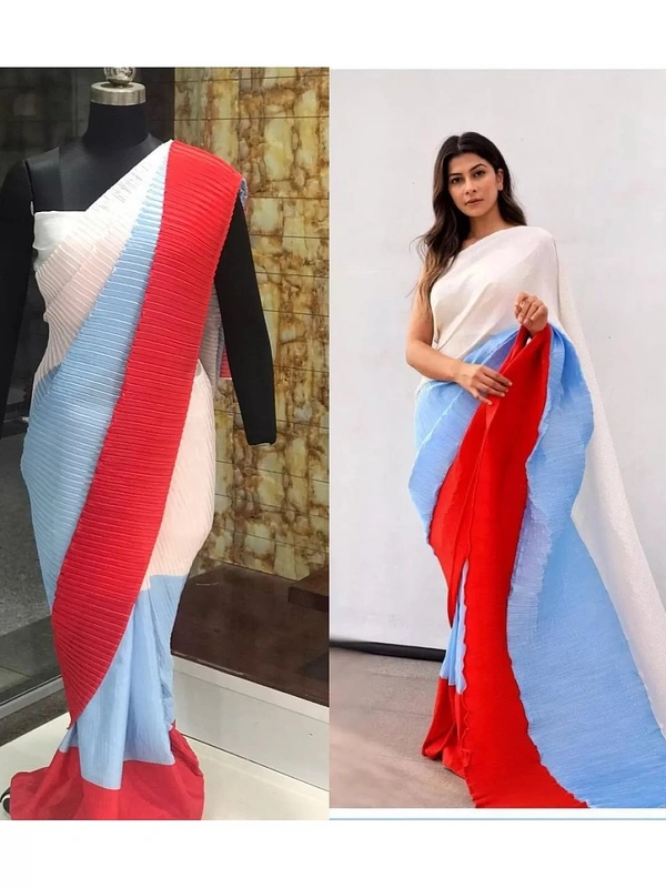 Multicolour chinon pleating and printing work party wear saree