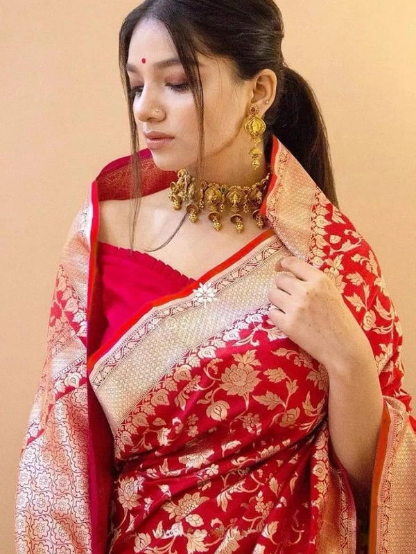 Red soft lichi silk jacquard weaving work wedding saree