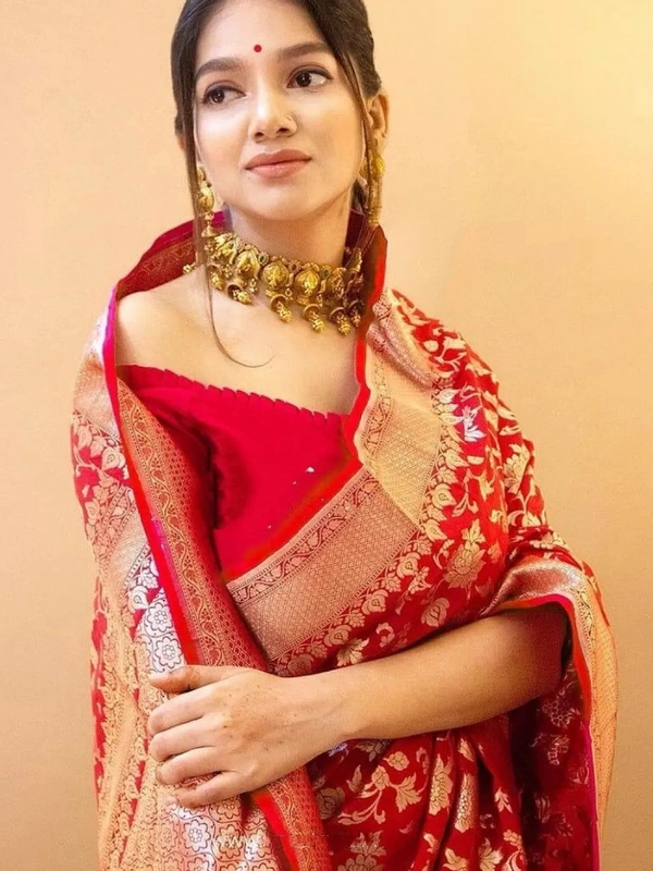 Red soft lichi silk jacquard weaving work wedding saree