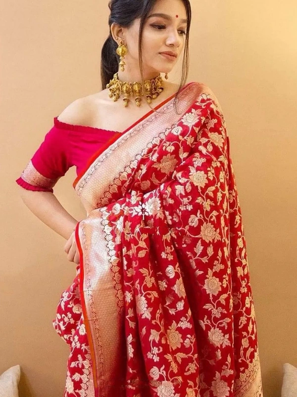 Red soft lichi silk jacquard weaving work wedding saree