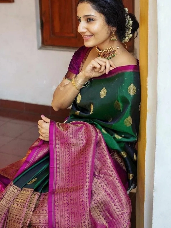 Green soft lichi silk jacquard weaving work saree