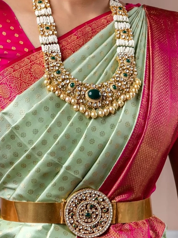 Pista green soft lichi silk jacquard weaving work ceremonial saree