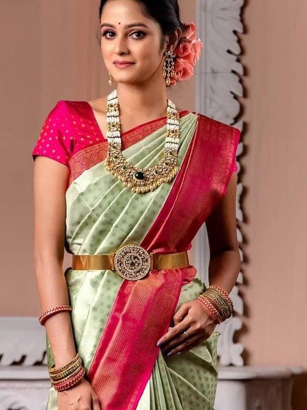 Pista green soft lichi silk jacquard weaving work ceremonial saree
