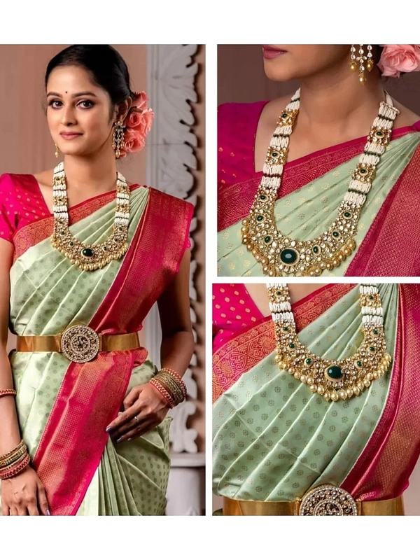 Pista green soft lichi silk jacquard weaving work ceremonial saree