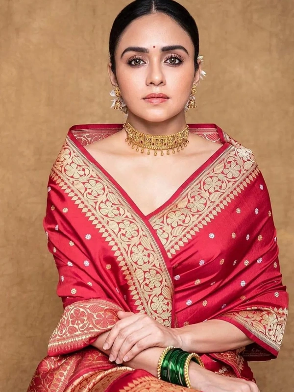 Red soft lichi silk jacquard weaving work wedding saree