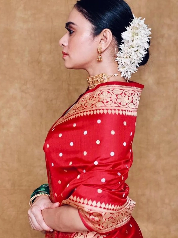 Red soft lichi silk jacquard weaving work wedding saree