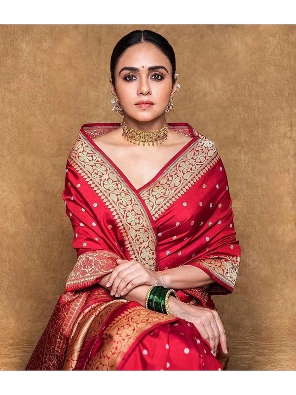 Red soft lichi silk jacquard weaving work wedding saree