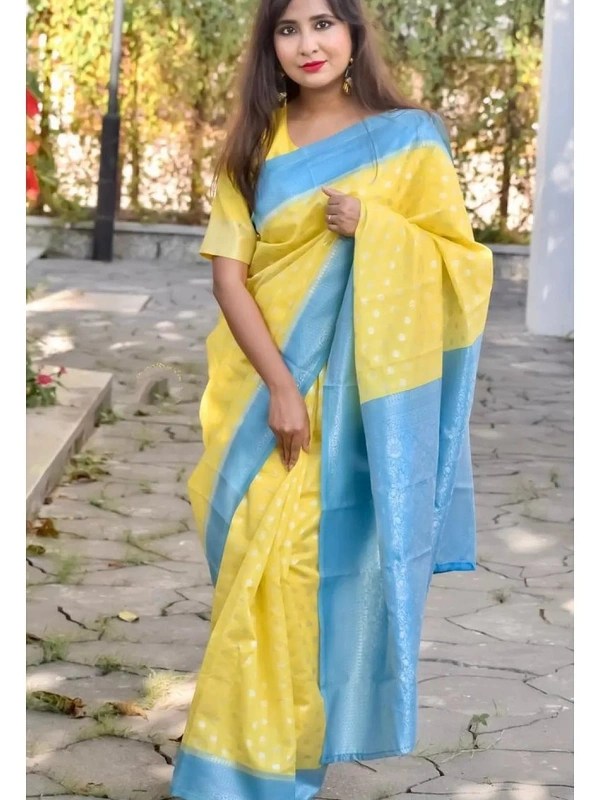 Yellow lichi silk jacquard weaving work saree