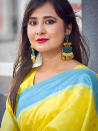 Yellow lichi silk jacquard weaving work saree