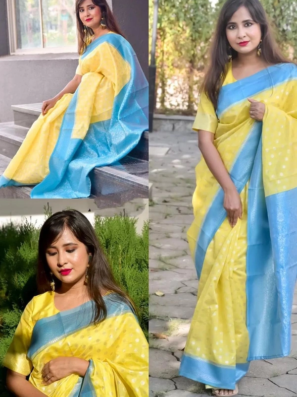 Yellow lichi silk jacquard weaving work saree
