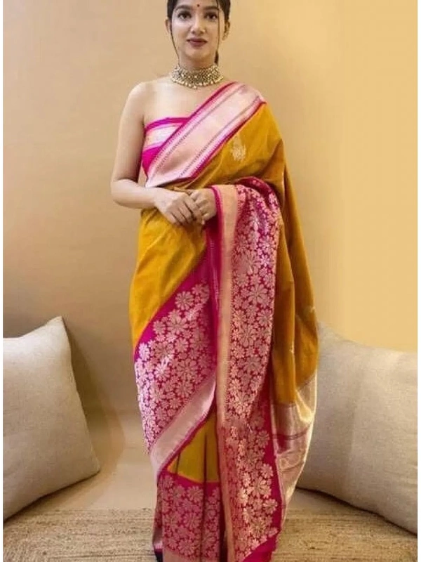 Mustard yellow soft lichi silk jacquard weaving work wedding saree