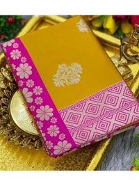 Mustard yellow soft lichi silk jacquard weaving work wedding saree