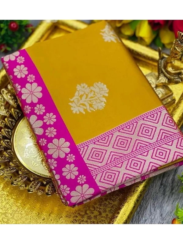 Mustard yellow soft lichi silk jacquard weaving work wedding saree