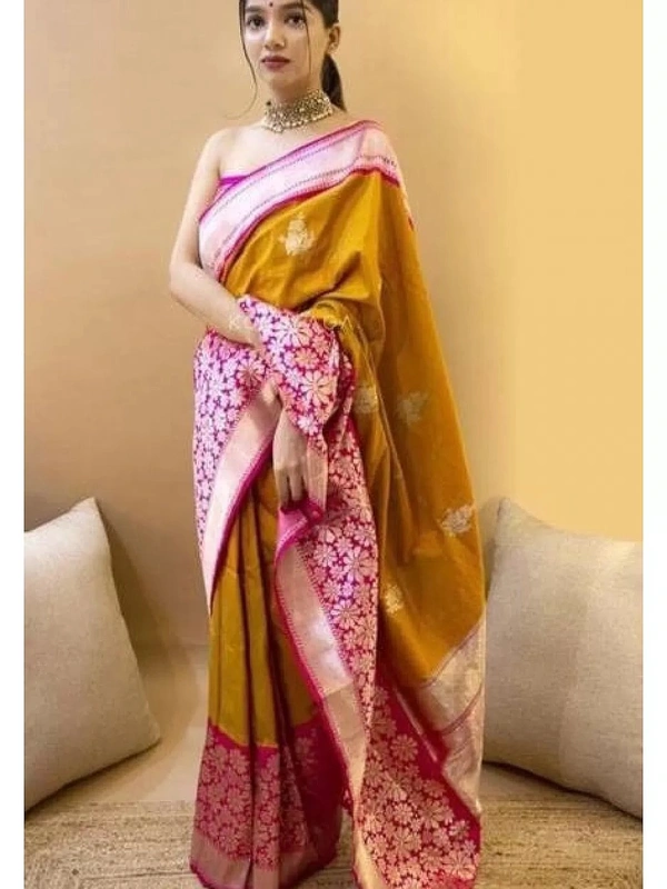 Mustard yellow soft lichi silk jacquard weaving work wedding saree
