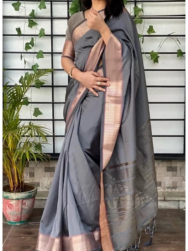 Grey kanjivaram silk jacquard weaving work saree