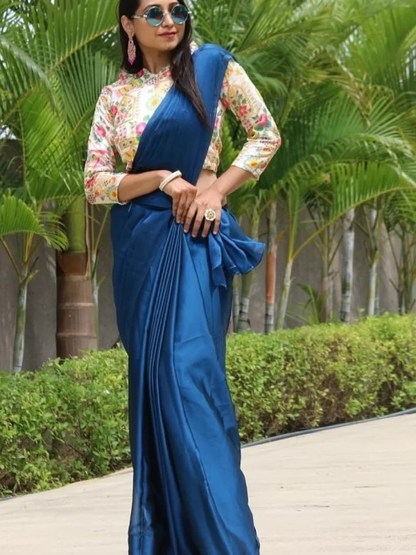 Blue rangoli silk party wear saree with embroidered blouse