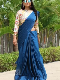 Blue rangoli silk party wear saree with embroidered blouse