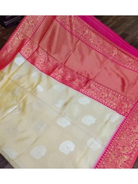 Cream soft lichi silk jacquard weaving work wedding saree