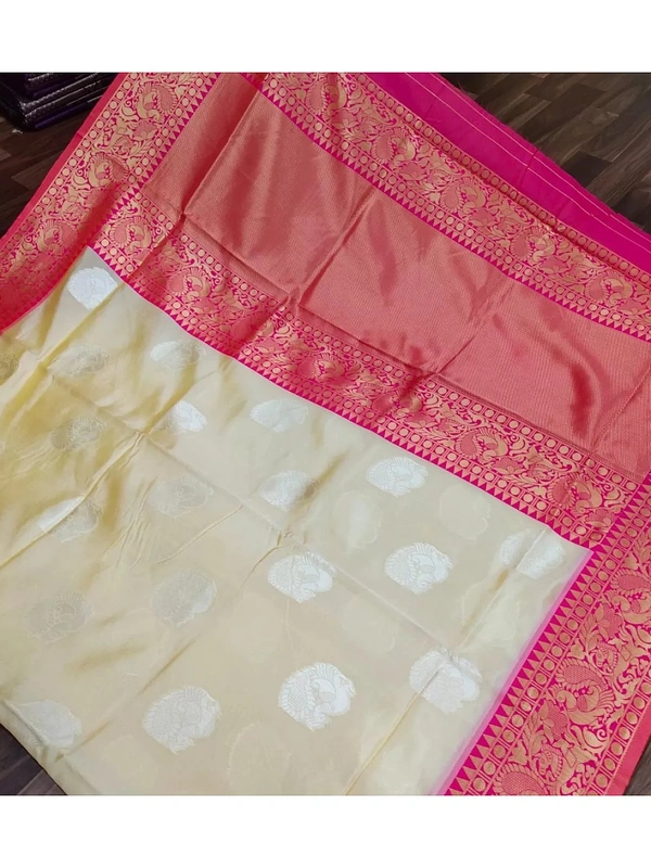 Cream soft lichi silk jacquard weaving work wedding saree