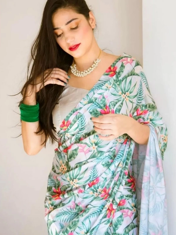 White pure soft chinon silk digital printed work saree