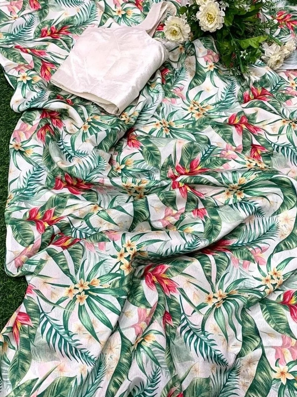 White pure soft chinon silk digital printed work saree