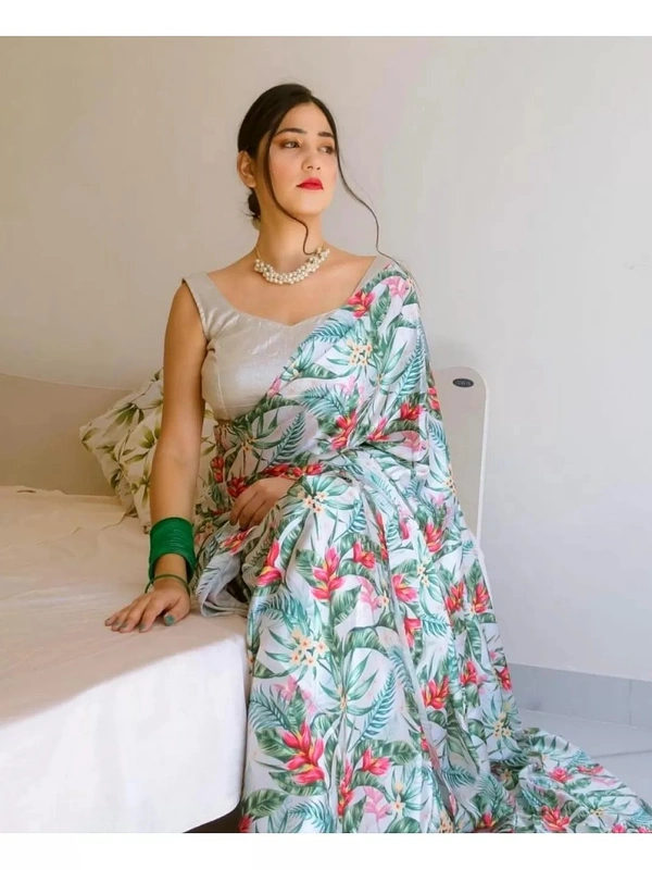White pure soft chinon silk digital printed work saree