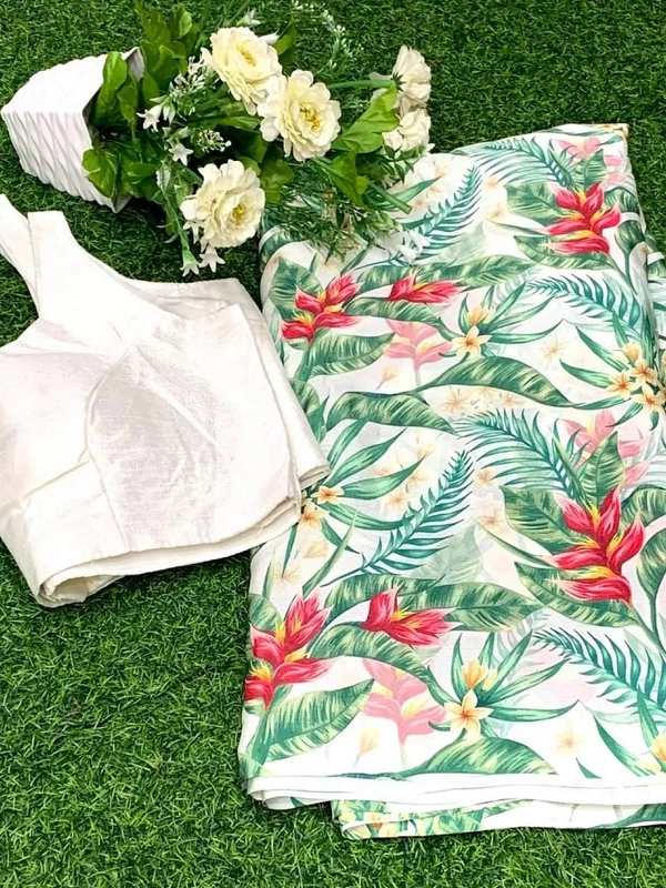 White pure soft chinon silk digital printed work saree