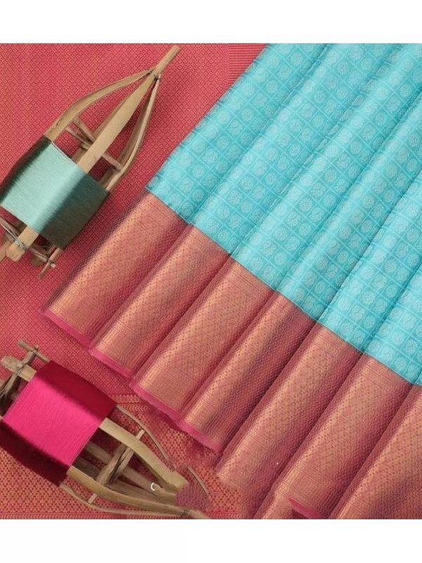 Sky blue soft lichi silk jacquard weaving work ceremonial saree