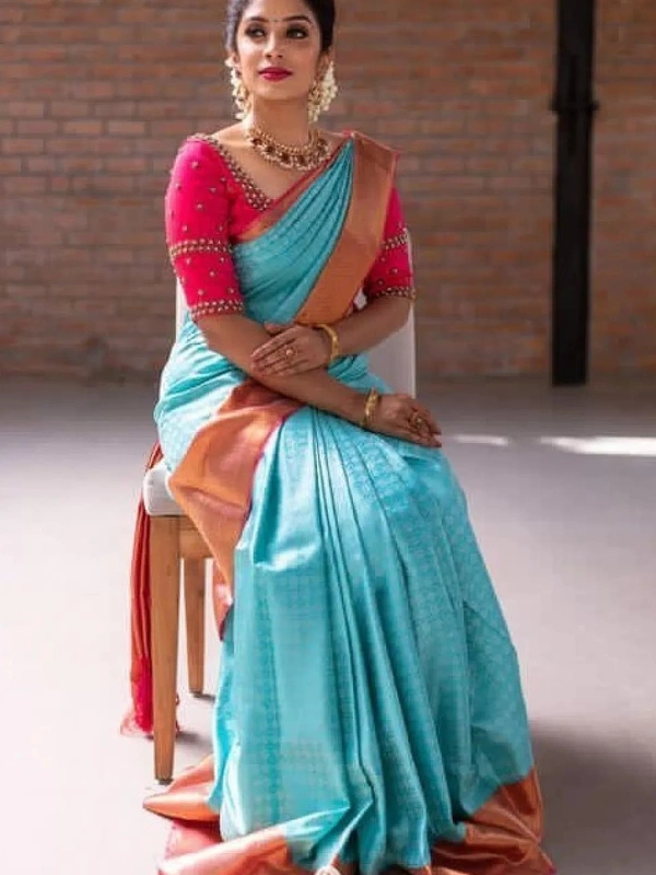 Sky blue soft lichi silk jacquard weaving work ceremonial saree