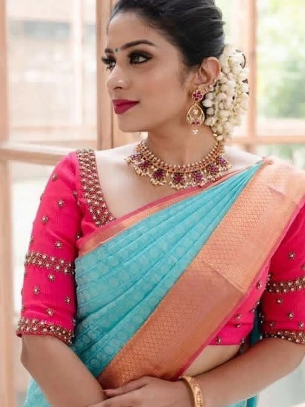 Sky blue soft lichi silk jacquard weaving work ceremonial saree