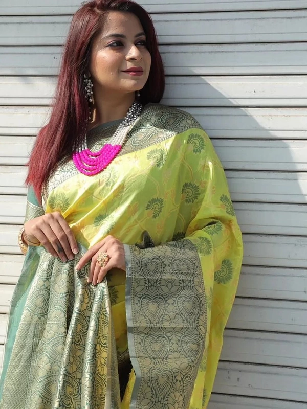 Yellow soft lichi silk jacquard jari work wedding wear saree