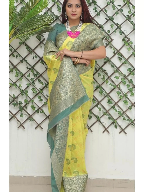 Yellow soft lichi silk jacquard jari work wedding wear saree