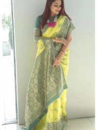 Yellow soft lichi silk jacquard jari work wedding wear saree