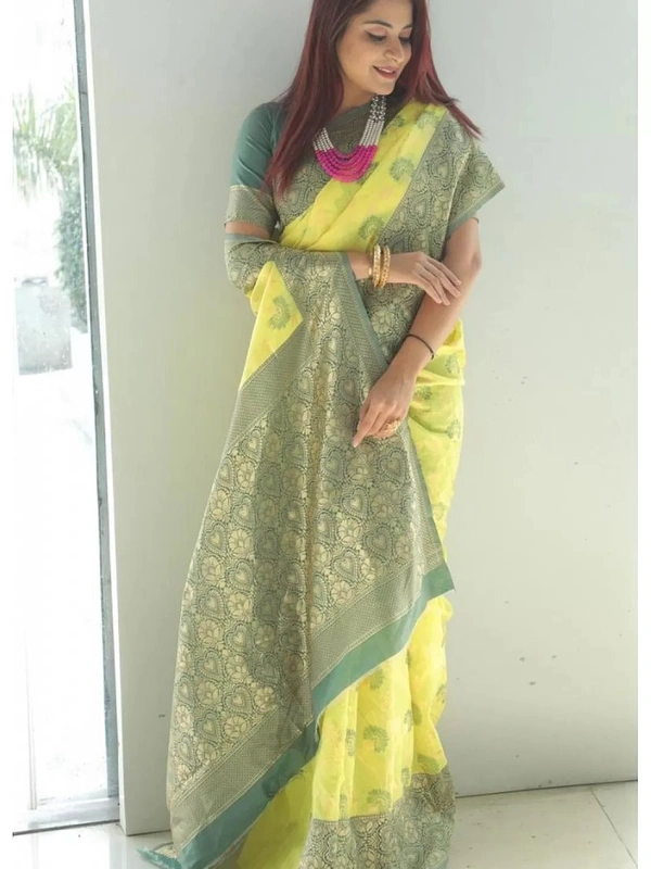 Yellow soft lichi silk jacquard jari work wedding wear saree