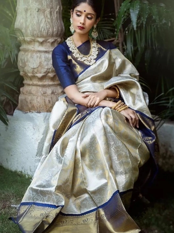 Grey soft kanjiwaram silver jacquard weaving work ceremonial saree
